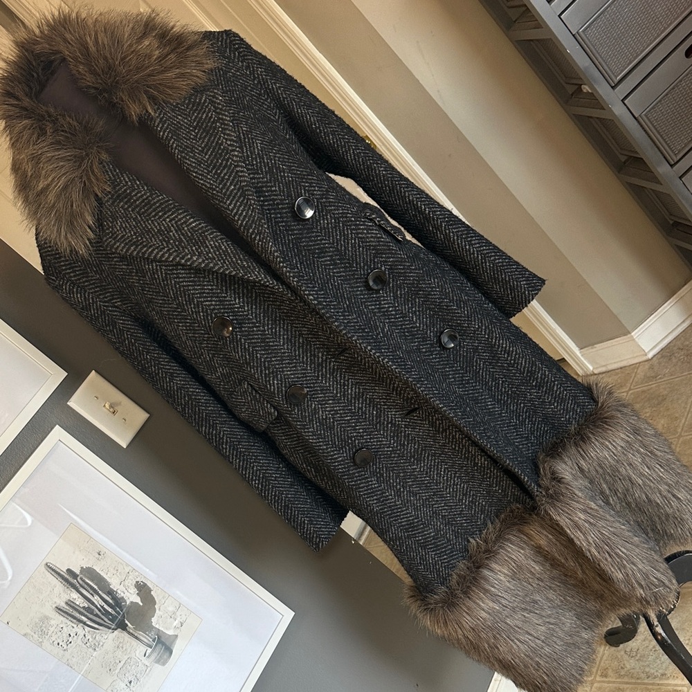 STUNNING Black and Gray Pea Coat with Faux Fur
